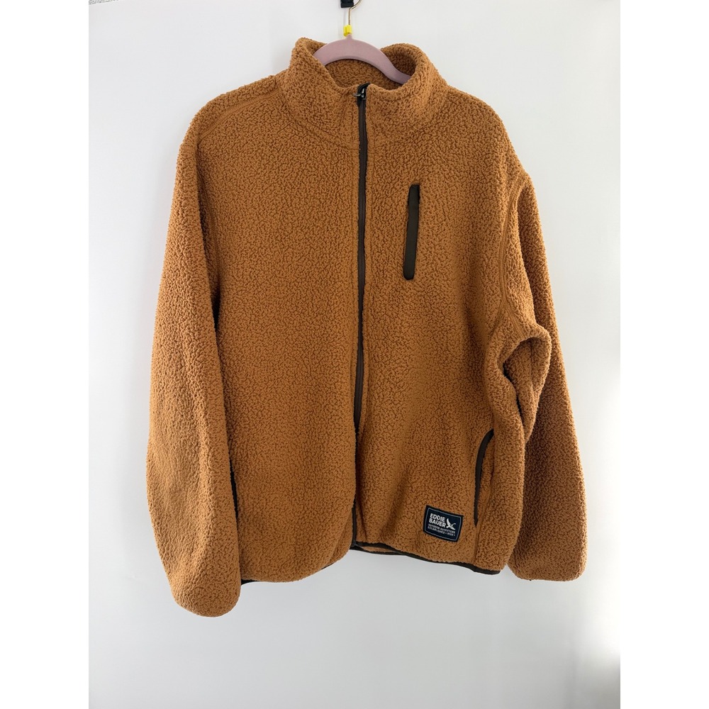 Eddie Bauer Mens Sherpa Fleece Jacket Full Zip Mock Neck Brown Size XL